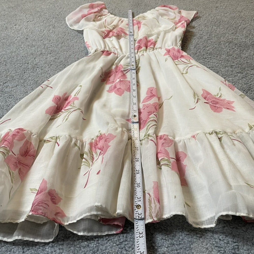 Vtg Miss Nannette Girl's Tiered Dress Sz 10 White Pink Floral Ruffles USA Party - Picture 5 of 10